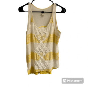 Free People We The Free XS Yellow Stripe Mesh Lace Front Raw Hem Tank Top Y2K
